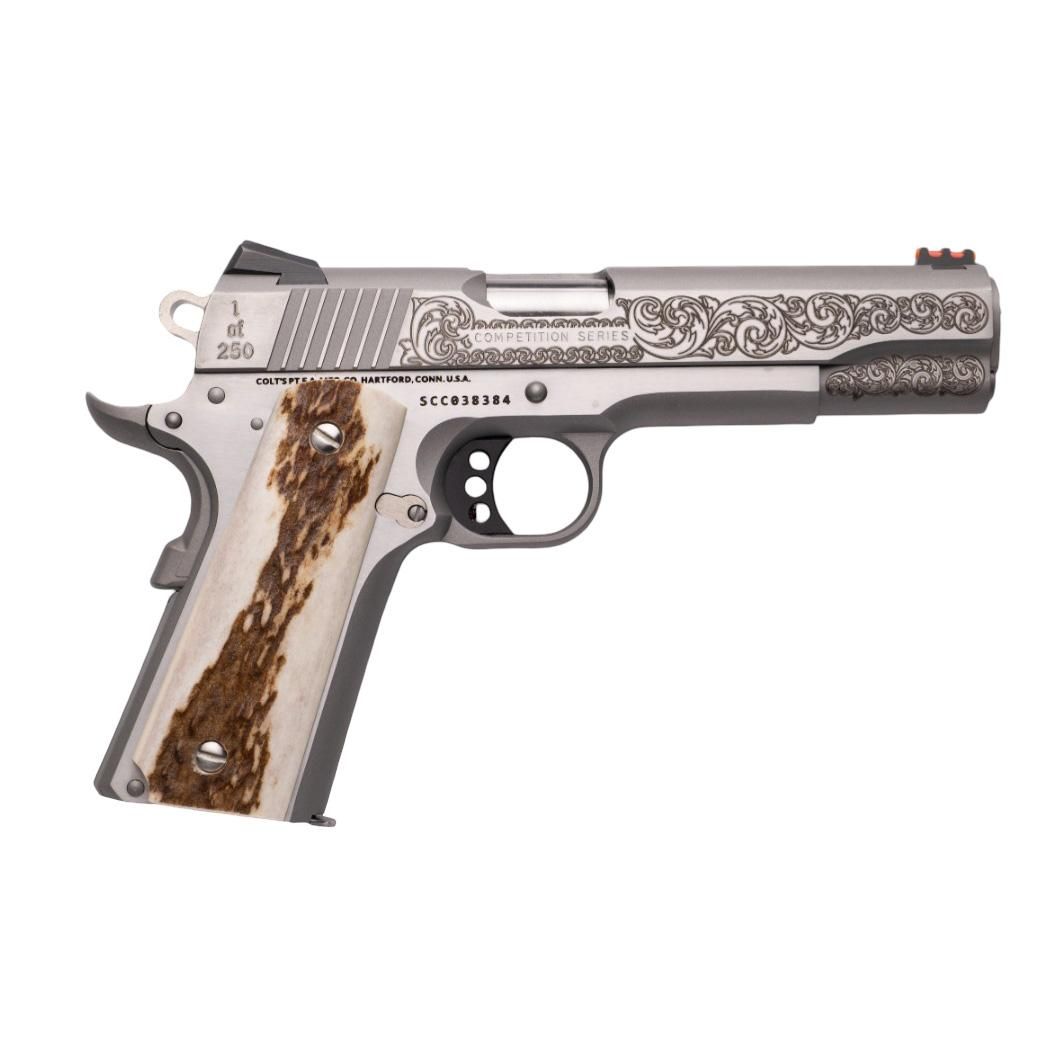 Colt Competition 1911 Competition Government Engraved with Stag Grips .45 ACP Bright Stainless Pistol