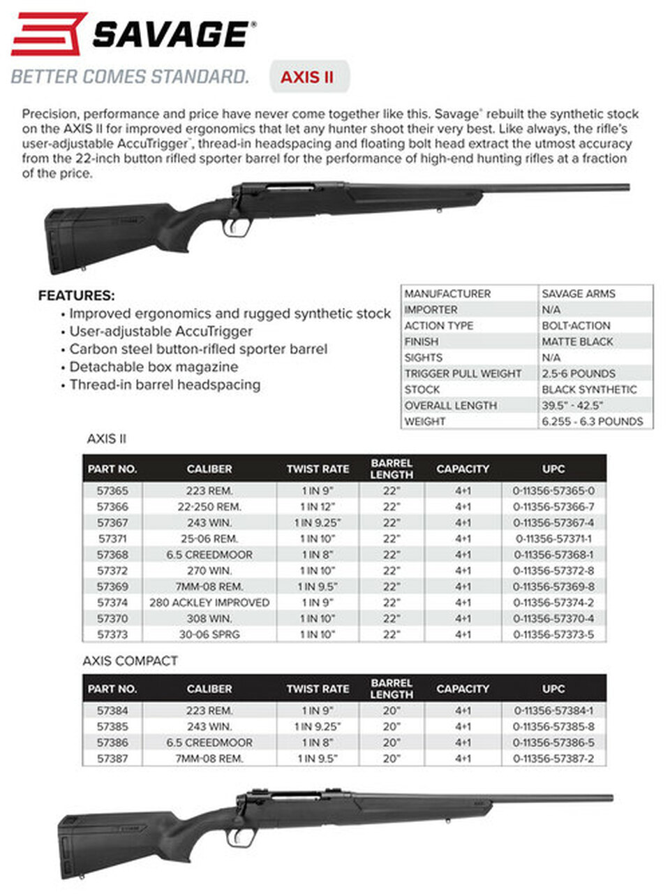 Savage AXIS II 280 Ackley Improved, 22" Barrel, Black, 4rd Synthetic