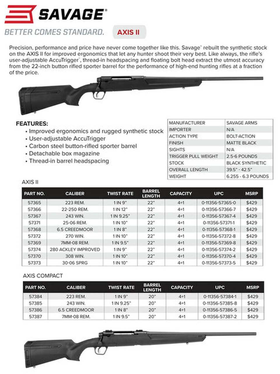 Savage AXIS II Compact 243 Win 20" Barrel, Black, 4rd Synthetic Stock Black, 4rd