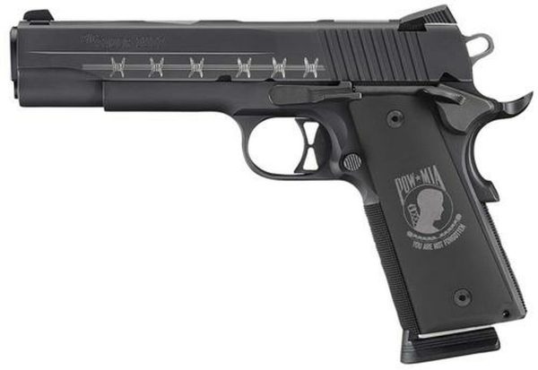 Sig 1911 POW-MIA 45 ACP Custom Engraved Nitron Custom Hogue POW-MIA Grips Black