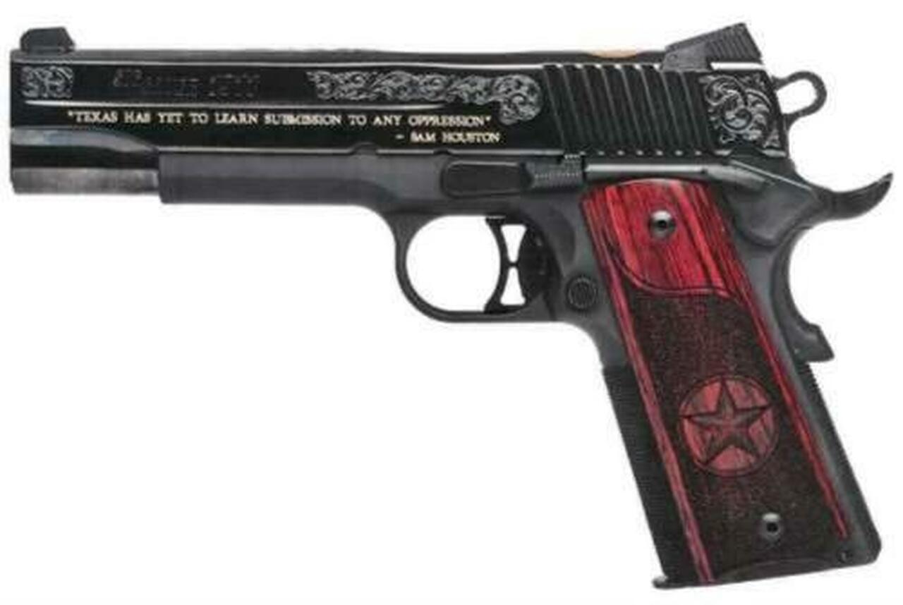 Sig 1911 45 ACP, 5" Barrel, Texas Gold Engraved Nitron SAO Siglite Custom Texas Grip (2) 8RD Steel MAG