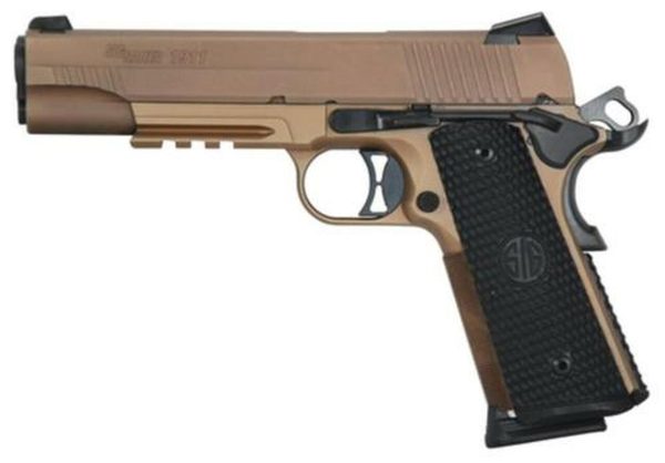 Sig 1911 45 ACP 5" Barrel, Emperor Scorpion Flat Dark Earth SAO Siglite Black G10 Grip (2) 8RD Steel MAG Rail