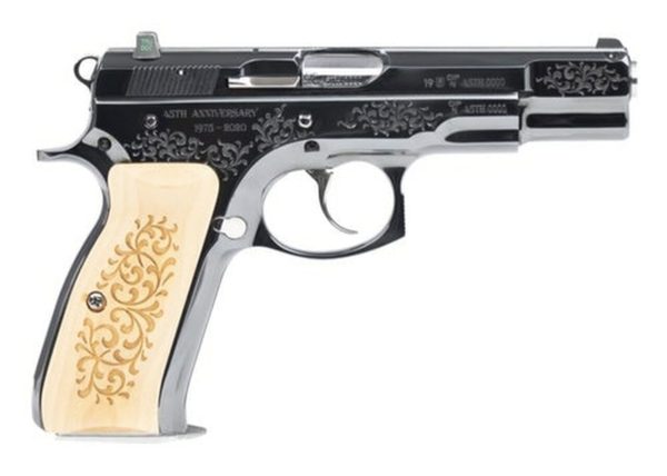CZ 75B 45TH Anniversary DA/SA, Full Size, 9mm, 4.6" Barrel, Steel Frame, High Gloss Blued Finish, Wood Grips, 16Rd, Swappable Safety/Decocker, Night Sights