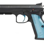 CZ Shadow 2 Single Action Only, Full Size Pistol, 9mm, 4.89" Barrel, Steel Frame, Black, Aluminum Blue Grips, 17Rd, 3 Magazines, with Rail, Ambidextrous Safety, Adjustable Sights