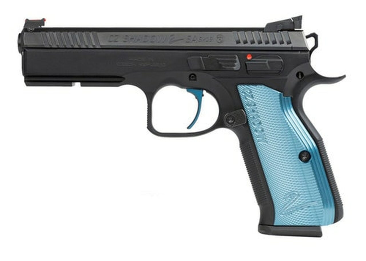CZ Shadow 2 Single Action Only, Full Size Pistol, 9mm, 4.89" Barrel, Steel Frame, Black, Aluminum Blue Grips, 17Rd, 3 Magazines, with Rail, Ambidextrous Safety, Adjustable Sights