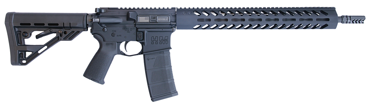 HM Defense Defender M5LAR 223 Rem/5.56mm, 16" HBAR Barrel, Midlength Gas System, Integral Gas Block, 1:8 Twist, Muzzle Brake, Black, Anodized, 15" Free Float Rail, M-LOK, Collapsible Stock