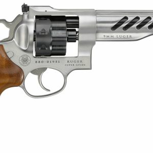 Ruger Super GP100 Full Size 9mm, 6" Barrel, Stainless Steel, Hogue Wood Grips, 3 Moon Clips, Fiber Optic Front Sight, Adj Rear Sight, 8rd