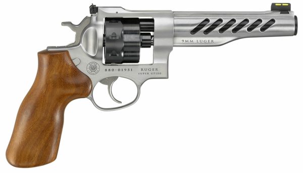 Ruger Super GP100 Full Size 9mm, 6" Barrel, Stainless Steel, Hogue Wood Grips, 3 Moon Clips, Fiber Optic Front Sight, Adj Rear Sight, 8rd