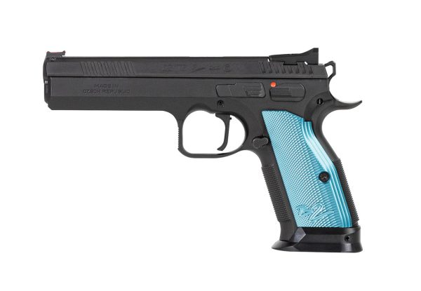 CZ TS 2 9mm, 5.23" Barrel, FO Front, Blue Aluminum Grips, Black, 20rd