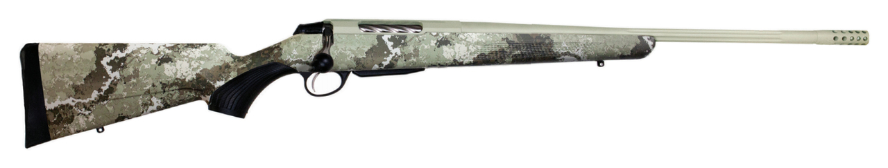 Tikka T3x Lite, Bolt Action Rifle, 300 WSM, 24.38" Fluted Barrel, 1:11 Twist, Threaded 5/8x24, Veil Alpine Camo, Synthetic Stock, Cerakote Barrel and Action, Green Color, Right Hand, 3Rd, 1 Mag, Includes Matching Muzzle Brake