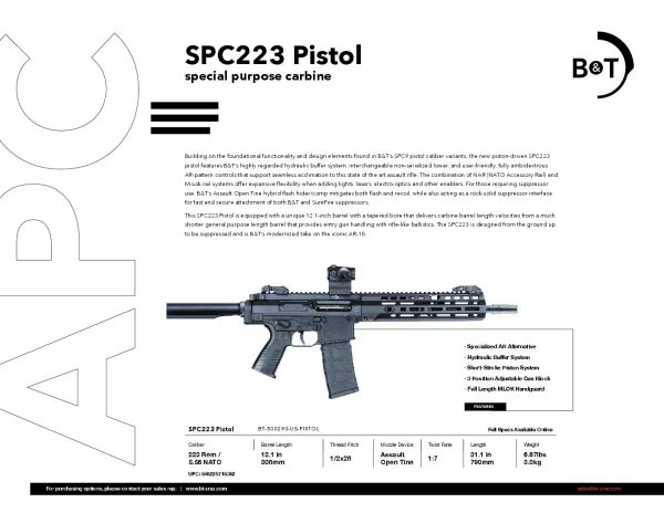 B&T SPC223 Pistol 12.1” Barrel Cal. .223 Rem./5.563x45mm BT-500290-US